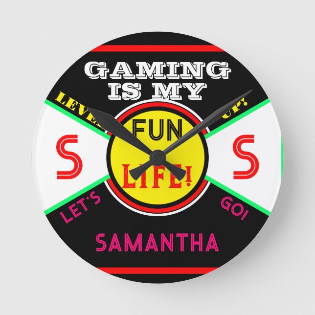 Gaming Fun Life Room Name Black Yellow Pink Round Clock (Front)