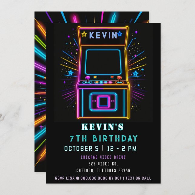Gaming Fun Neon Glow Arcade Birthday Invitation (Front/Back)