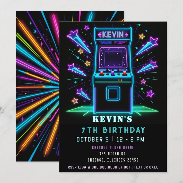 Gaming Fun Neon Glow Arcade Birthday Invitation (Front/Back)