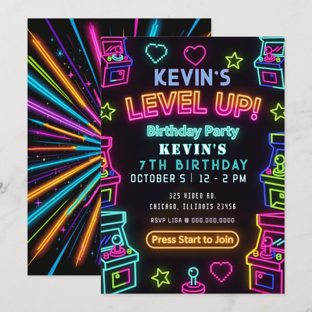Gaming Fun Neon Glow Arcade Birthday Invitation (Front/Back)