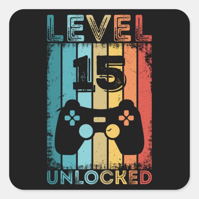 Gaming Level 15 Unlocked 15th Birthday Gift Gamer Square Sticker (Front)