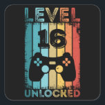 Gaming Level 16 Unlocked 16th Birthday Gift Gamer Square Sticker<br><div class="desc">Funny Level 16 Unlocked 16th Birthday Gift for Gamer and Gaming Enthusiast. Present for men women boys or girl kids and children who love to game & playing games. Retro Vintage Controller Bday design.</div>