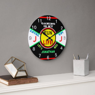 Gaming Room Kids Name Black Blue Green Large Clock