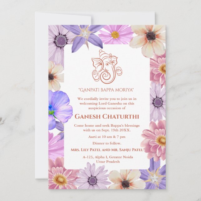 Ganesh Chaturthi Puja Floral Invitation (Front)