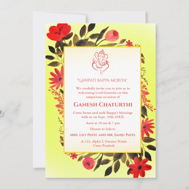Ganesh Chaturthi Puja Floral Invitation (Front)