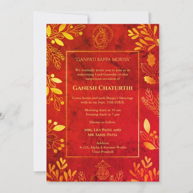 Ganesh Chaturthi Puja Golden Elements Invitation (Front)