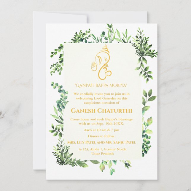 Ganesh Chaturthi Puja Minimal Leafy Tropical Invitation (Front)