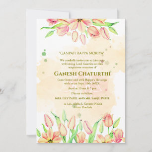 Ganesh Chaturthi Puja Pink Floral Invitation