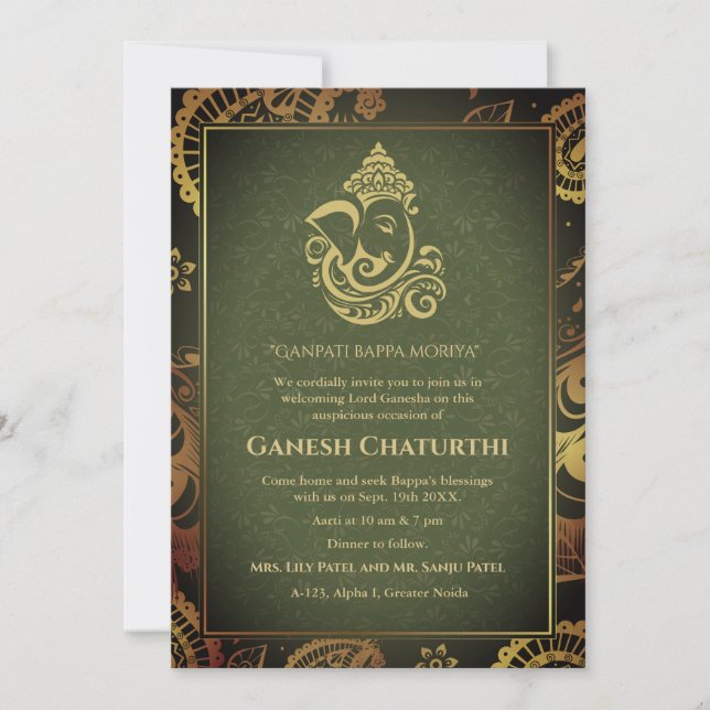 Ganesh Chaturthi Puja Roya Golden Elements Invitation (Front)