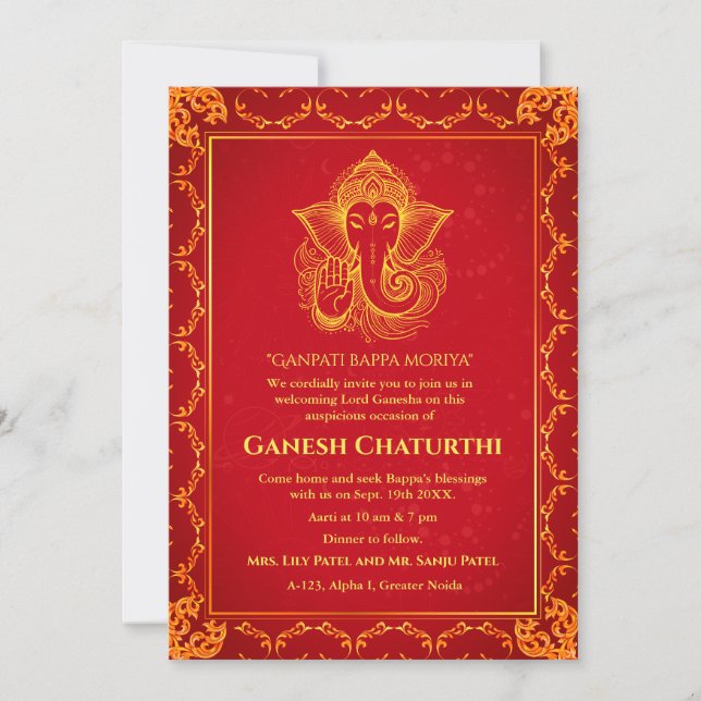 Ganesh Chaturthi Puja Roya Golden Elements Invitation (Front)