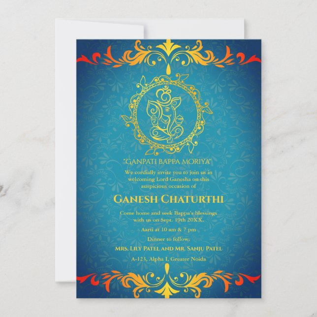 Ganesh Chaturthi Puja Roya Golden Elements Invitation (Front)
