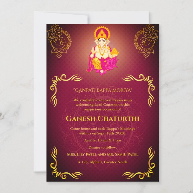 Ganesh Chaturthi Puja Roya Golden Elements Invitation (Front)