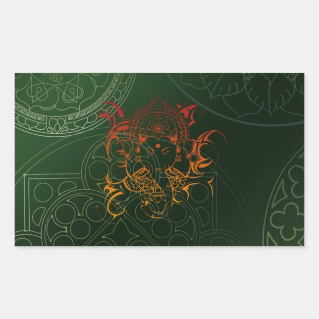 Ganesh Elephant Mandala orange green Yoga Asia Rectangular Sticker (Front)