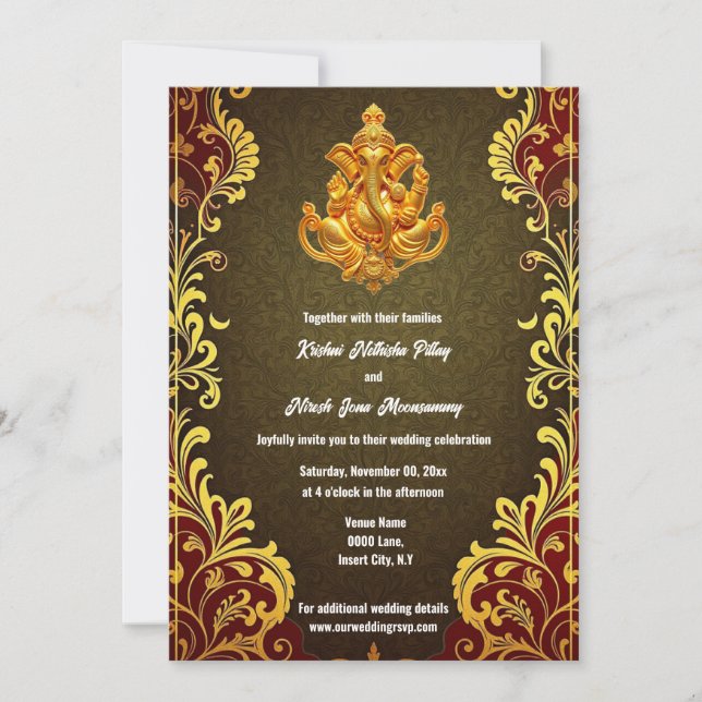 Ganesh gold green Indian traditional Hindi Hindu Invitation (Front)