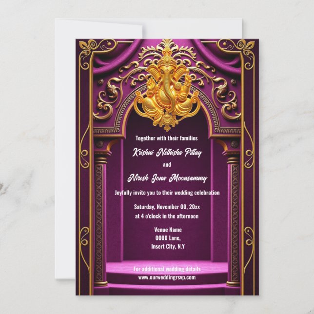 Ganesh gold purple Indian temple arch Hindi Hindu Invitation (Front)