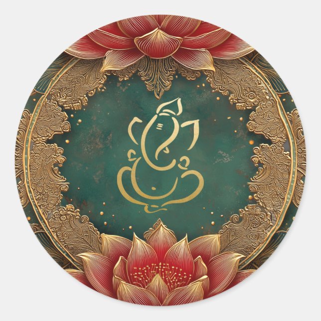 Ganesh Hindu God Wedding | Indian Gold Lotus Green Classic Round Sticker (Front)