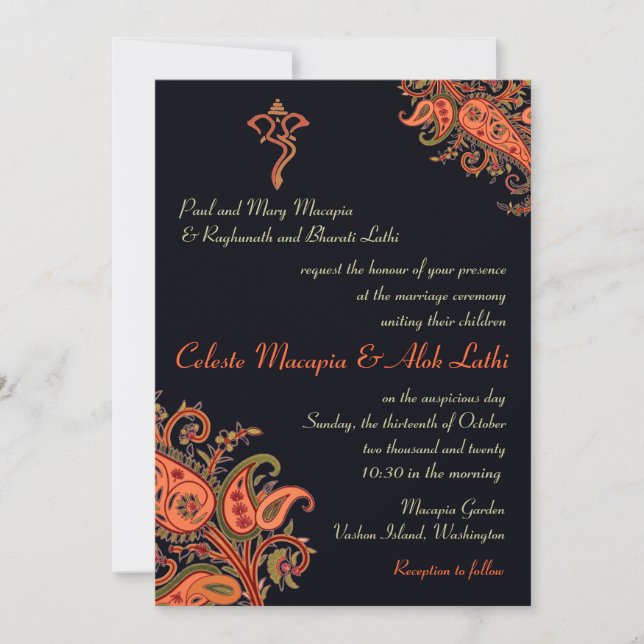 Ganesh Navy Blue Orange Paisley Hindu Wedding Invitation (Front)