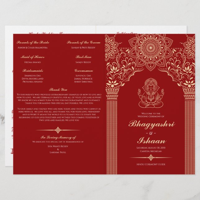 Ganesh Red Hindu Wedding Ceremony Folded Program  (Front/Back)
