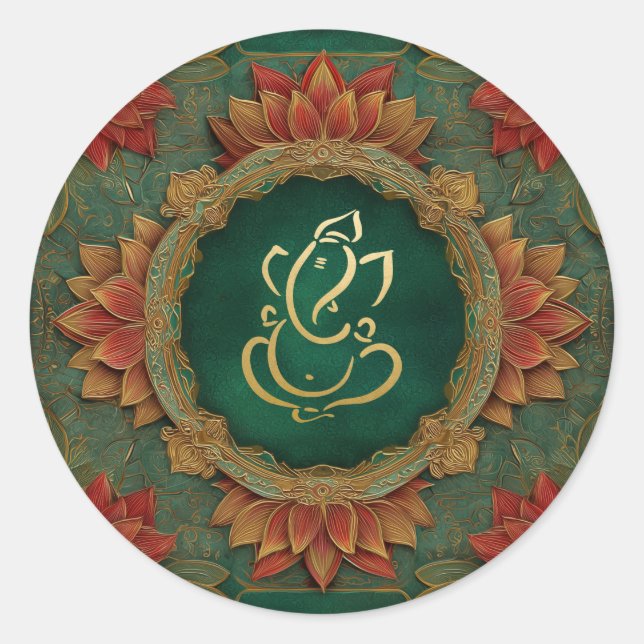 Ganesh Wedding | Indian Wedding Lotus Green Classic Round Sticker (Front)