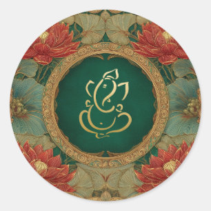 Ganesh Wedding   Indian Wedding Pink Lotus Green Classic Round Sticker