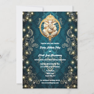 Ganesha elephant blue gold Hindi Hindu wedding Invitation