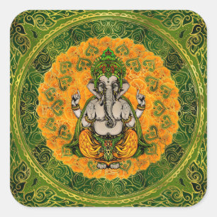 Ganesha in Marigold flowers and gold decoration Square Sticker