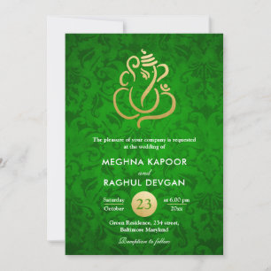 Ganesha/Indian Faux Gold Foil Green Damask Wedding Invitation