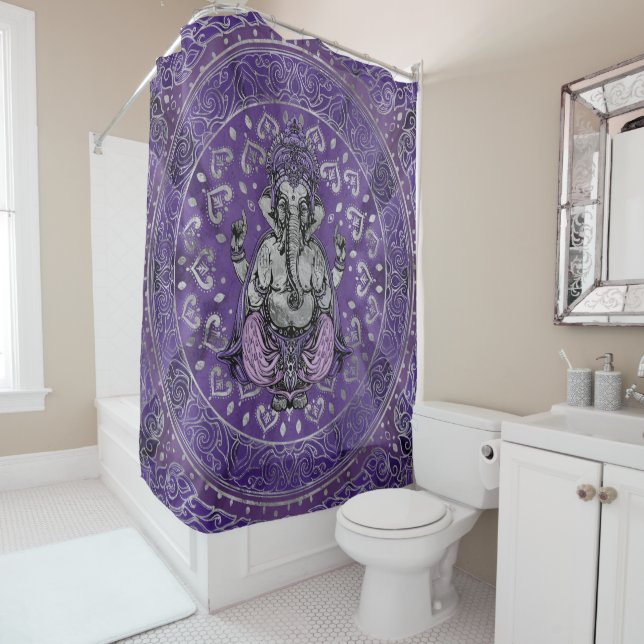 Ganesha - silver and purples shower curtain (In Situ)