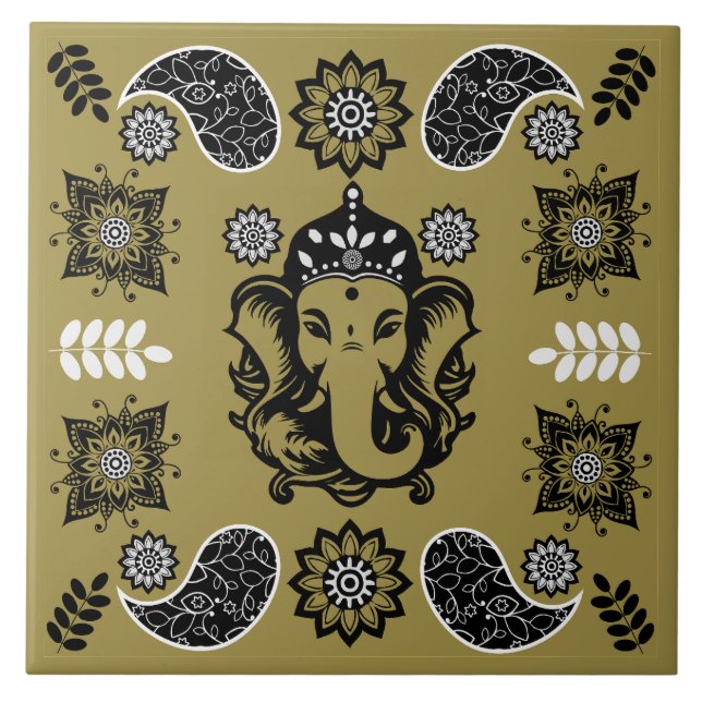 Ganesha Themed Hindu Art Print Ceramic Tile (Front)