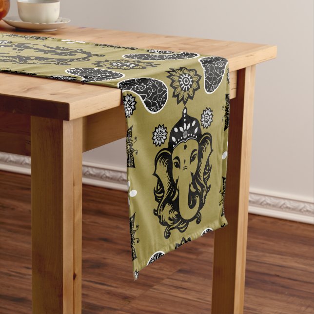 Ganesha Themed Hindu Art Print Long Table Runner (In Situ)