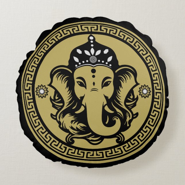 Ganesha Themed Hindu Art Print Round Cushion (Front)