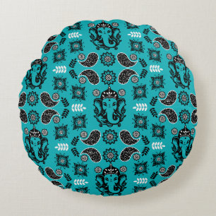 Ganesha Themed Hindu Art Print Round Cushion