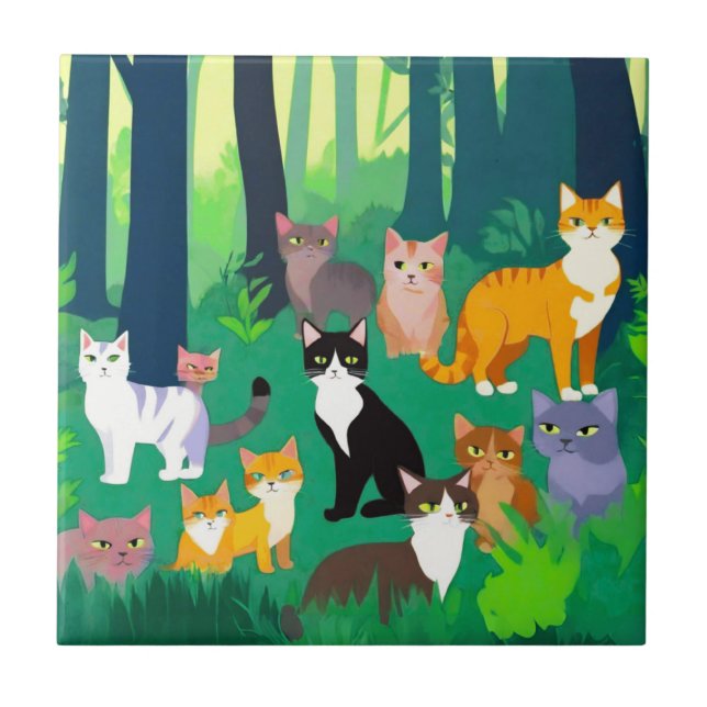Gang of Cats, Felines in the Forest Ceramic Tile (Front)