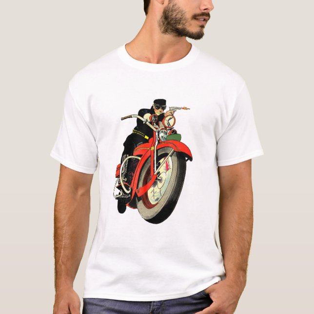 Gangster Biker Comic Book Man Riding Motorcycle T-Shirt (Front)