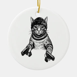 Gangster Cat Tattoo Art Cool Streetwear Kitty Ceramic Ornament