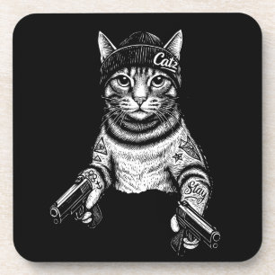 Gangster Cat Tattoo Art Cool Streetwear Kitty Coaster