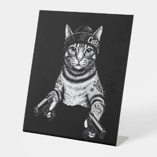 Gangster Cat Tattoo Art Cool Streetwear Kitty Pedestal Sign