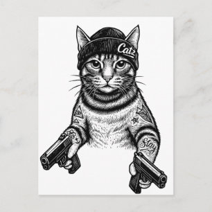 Gangster Cat Tattoo Art   Cool Streetwear Kitty Postcard