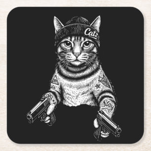 Gangster Cat Tattoo Art Cool Streetwear Kitty Square Paper Coaster