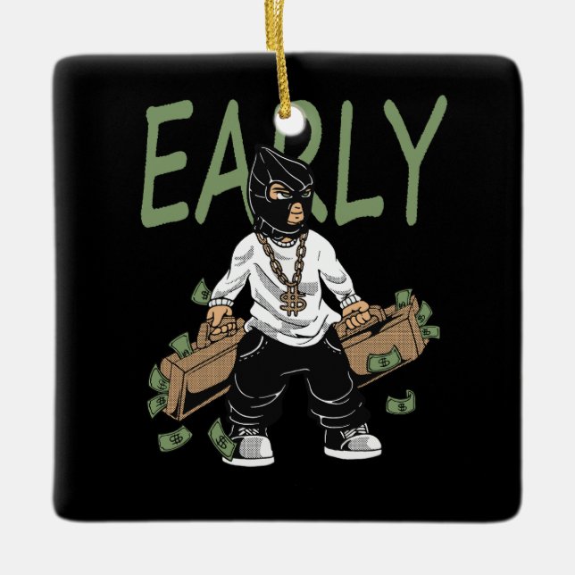 Gangster man showing bragging money spread gold ceramic ornament (Front)