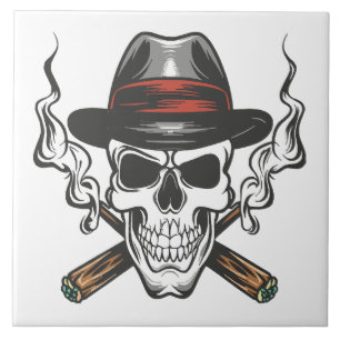 Gangster skull with fedora hat ceramic tile