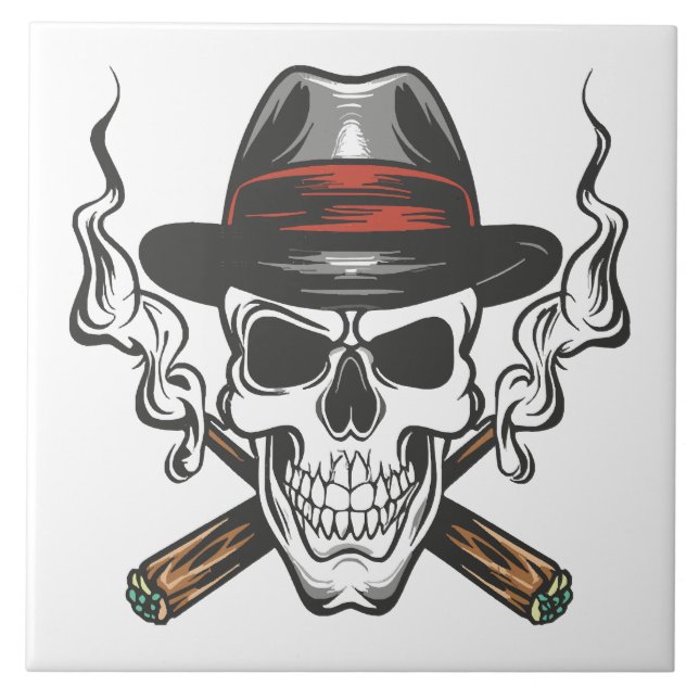 Gangster skull with fedora hat ceramic tile (Front)