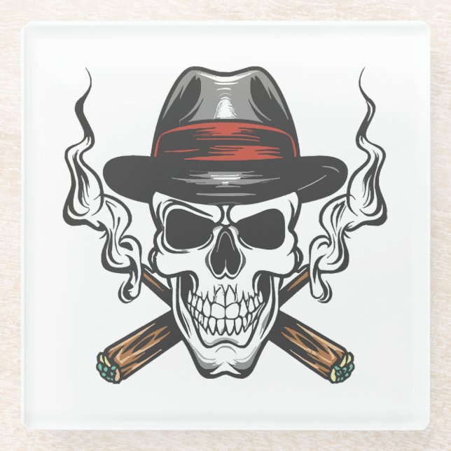 Gangster skull with fedora hat glass coaster (Front)