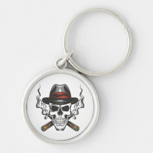 Gangster skull with fedora hat key ring