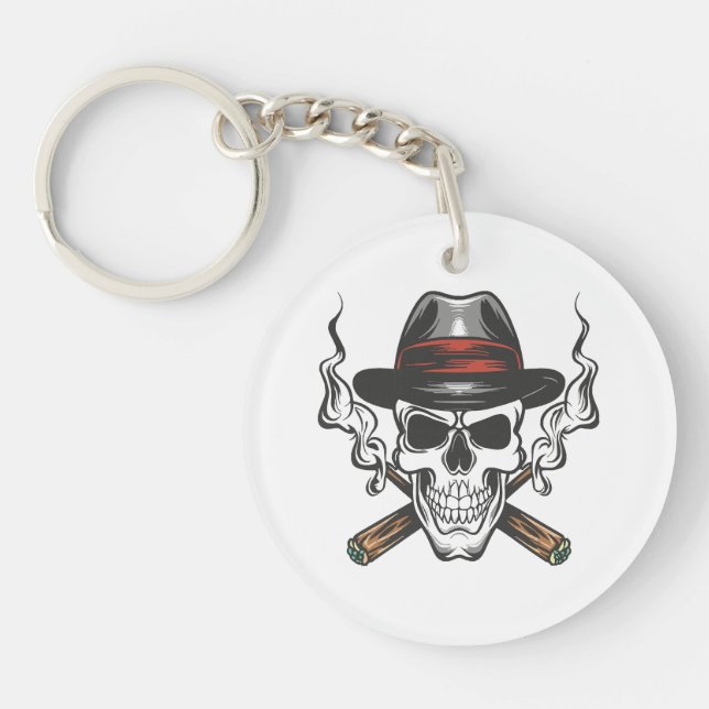 Gangster skull with fedora hat key ring (Front)