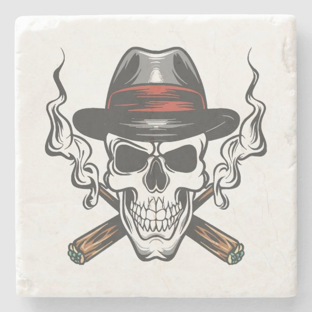 Gangster skull with fedora hat stone coaster (Front)