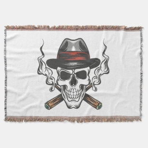 Gangster skull with fedora hat throw blanket