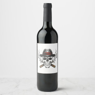 Gangster skull with fedora hat wine label