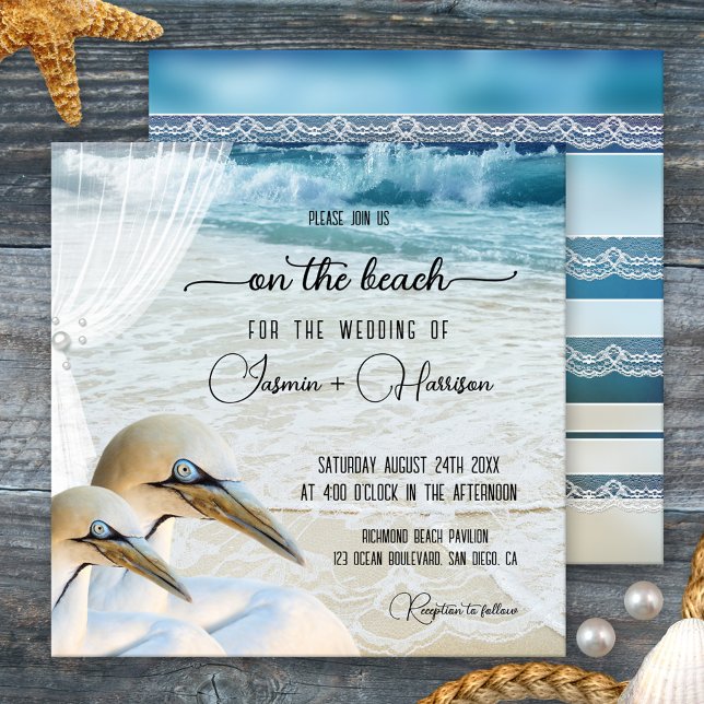 Gannet Beach with Lace Destination Wedding Invitation (Beach or destination wedding invitation featuring an original design with gannets and a veil)
