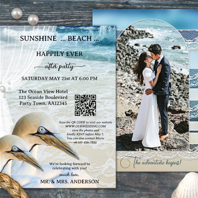 Gannet QR Beach Photo Happily Ever After Wedding Invitation (Happily ever after beach wedding invitation with elegant gannets and QR code template)